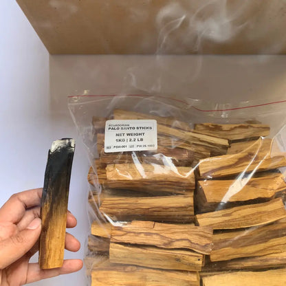 Close-up of Palo Santo powder in transparent bulk bag, labeled and ready for international wholesale export.